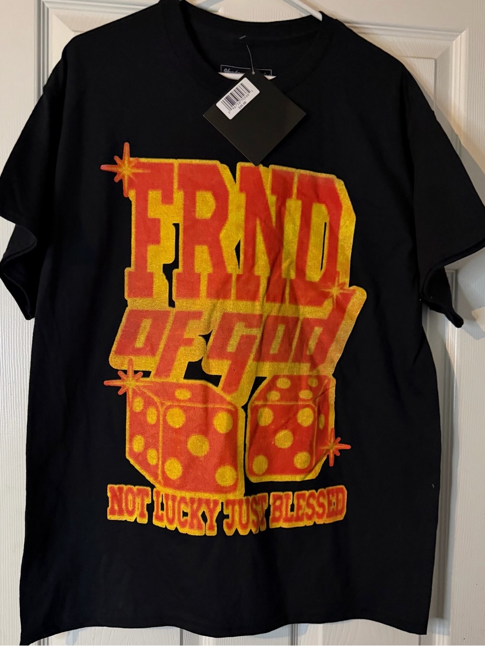 FRND OF GOD Men's Black Graphic Tee - Bold Yellow & Red Dice Design